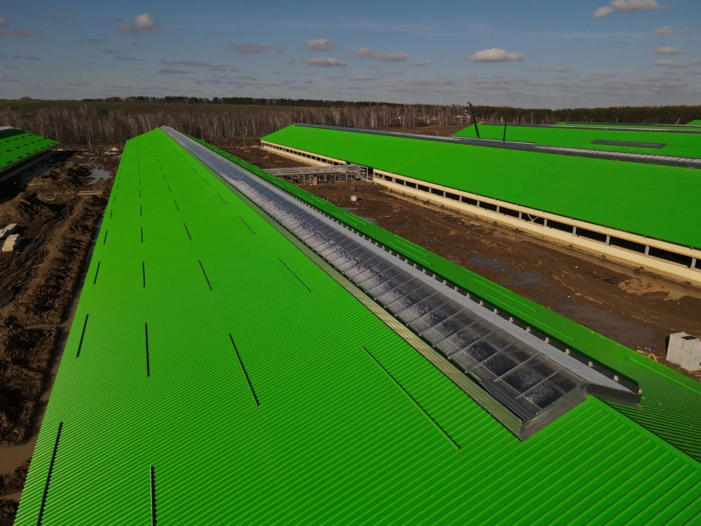 Световентиляционный конек производства Светстрой на зеленой крыше